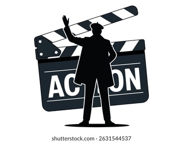 Diretor de cinema silhueta vetor no branco