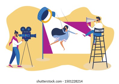 Film Director Sitting with Loudspeaker Controlling Movie Shooting Process, Cameraman with Camera and Light Technician Equipment. Actress Play Role. Moviemaking Staff Cartoon Flat Vector Illustration