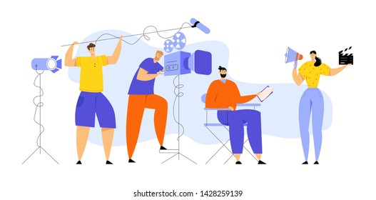 Film Director Sitting with Paper Blank Controlling Movie Shooting Process, Cameraman with Camera, Sound Engeneer, Woman with Megaphone and Clapper, Moviemaking Staff Cartoon Flat Vector Illustration