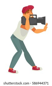 Film director with video camera isolated on white background. Production director or picture editor profession character in t-shirt and blue jeans making movie. Vector illustration in cartoon style