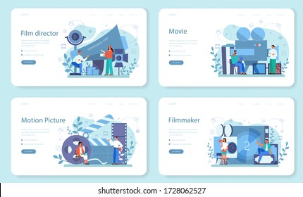 Banner web del director de cine o página de inicio. Idea de la profesión creativa. Director de cine que lidera un proceso de filmación. Aparato de película y cámara, equipo para la realización de películas. Ilustración vectorial aislada