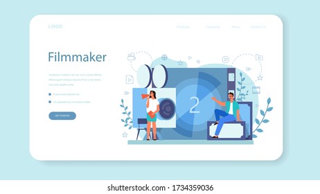 Film director web banner or landing page. Idea of creative profession. Movie director leading a filming process. Clapper and camera, equipment for film making. Isolated vector illustration