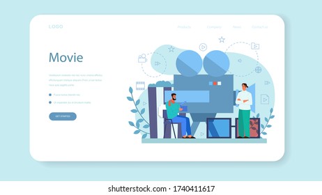 Film director web banner or landing page. Idea of creative profession. Movie director leading a filming process. Clapper and camera, equipment for film making. Isolated vector illustration