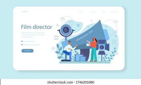 Film director web banner or landing page. Idea of creative profession. Movie director leading a filming process. Clapper and camera, equipment for film making. Isolated vector illustration