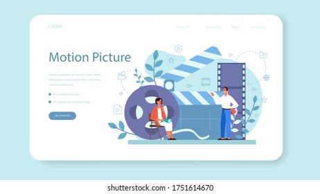 Film director web banner or landing page. Idea of creative profession. Movie director leading a filming process. Clapper and camera, equipment for film making. Isolated vector illustration