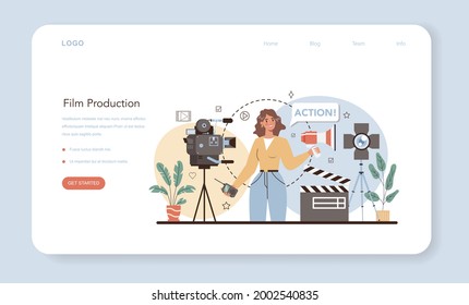 Banner web del director de cine o página de inicio. Director de cine que lidera un proceso de filmación. Aparato de película y cámara, equipo para la realización de películas. Idea de gente creativa y profesión. Ilustración vectorial plana