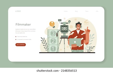 Banner web del director de cine o página de inicio. Cineasta liderando un proceso de filmación. Aparato de película y cámara, equipo para la realización de películas. Idea de gente creativa y profesión. Ilustración vectorial plana