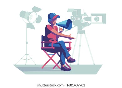 Film director at workplace vector illustration. Man sitting on chair and leading filming process. Guy speaking via loudspeaker flat style concept. Floodlight and videocamera on background