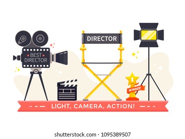 Film directors chair with camera, projector, clapboard and award winner icon. Flat vector illustration.