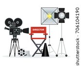 Film directors chair with megaphone, projector, camera and clapboard. Work on the set of the film. Flat vector cartoon illustration. Objects isolated on a white background.