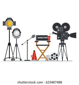 Film Directors Chair With Megaphone, Projector, Camera And Clapboard. Work On The Set Of The Film. Flat Vector Cartoon Illustration. Objects Isolated On A White Background.