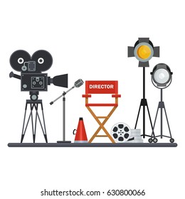Film directors chair with megaphone, projector, camera and clapboard. Work on the set of the film. Flat vector cartoon illustration. Objects isolated on a white background.