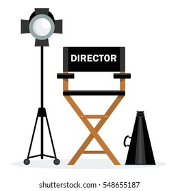 Film directors chair with a megaphone and searchlight. Work on the set of the film. Flat vector cartoon illustration. Objects isolated on a white background.