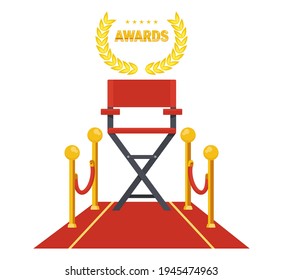 Film directors chair on red carpet. Producer, director and screenwriter. Award for Best Film, Best Actor. Flat vector cartoon illustration. Objects isolated on a white background.