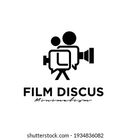 film discuss Studio Movie Video Cinema Cinematography Film Production concept camcorder with bubble chat logo design vector icon illustration Isolated White Background