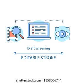 Film Draft Screening Concept Icon. Video Preview Idea Thin Line Illustration. Movie Premiere. Video Release. Private Film Screening. Teaser, Trailer. Vector Isolated Outline Drawing. Editable Stroke