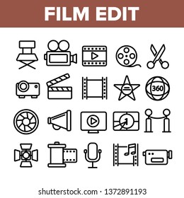 Film Edit, Filmmaking Linear Vector Icons Set. Movie Shooting, Editing Thin Line Symbols Pack. Videotaping Pictograms. Cinematography and Motion picture. Video Production Outline Contour Illustrations