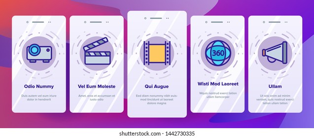 Film Edit, Filmmaking Onboarding Mobile App Page Screen Vector Icons Set. Movie Shooting, Editing Thin Line Symbols Pack. Videotaping. Cinematography Motion Picture. Video Production Illustrations