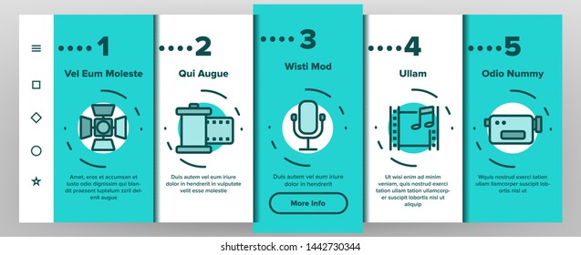 Film Edit, Filmmaking Onboarding Mobile App Page Screen Vector Icons Set. Movie Shooting, Editing Thin Line Symbols Pack. Videotaping. Cinematography Motion picture. Video Production Illustrations