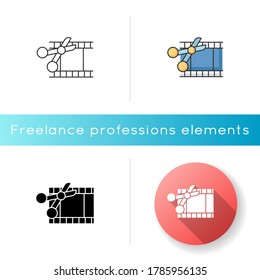 Film edit icon. Movie montage. Cut film strip with scissors. Camera negative slides. Multimedia and entertainment. Movie maker. Linear black and RGB color styles. Isolated vector illustrations