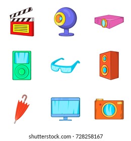 Film editing icons set. Cartoon set of 9 film editing vector icons for web isolated on white background