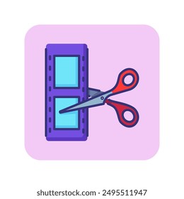 Film editing line icon. Scissors cutting filmstrip. Cinema concept. Can be used for topics like filming, movie production, moviemaking