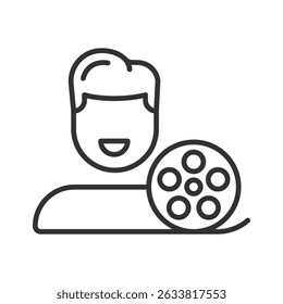 Film editor, icon in line design. Film editor, editing, footage, timeline, cut, sequence, post-production on white background vector. Film editor editable stroke icon