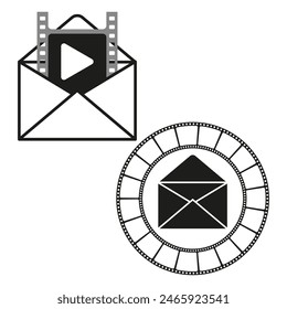 Film-Umschlag-Symbol. Button abspielen. In: Vektorgrafik Cinema Mail. Dekoratives Rahmendesign.