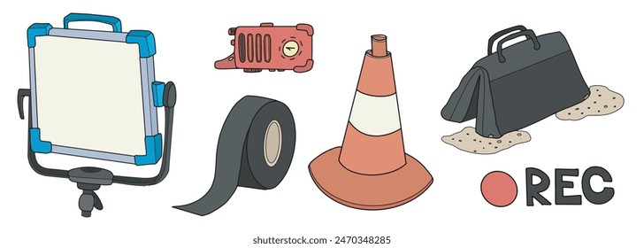 Film equipment illustration: light, tape, cone, bag, sandbag, and record icon on a white background.