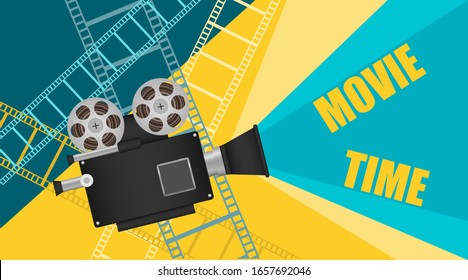 Film Festival Banner. Movie camera with film strip as a poster for the festival film. Vector, cartoon illustration. Vector.