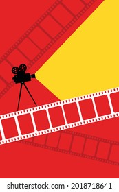 Cartel del festival de cine con cámara antigua y películas. Espacio vacío para texto.