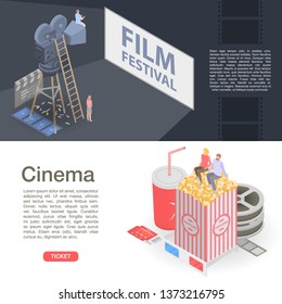 Film festival banner set. Isometric set of film festival vector banner for web design