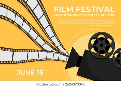 Film festival banner template design with movie camera showing filmstrips. Cinema movie film concept. Vector illustration