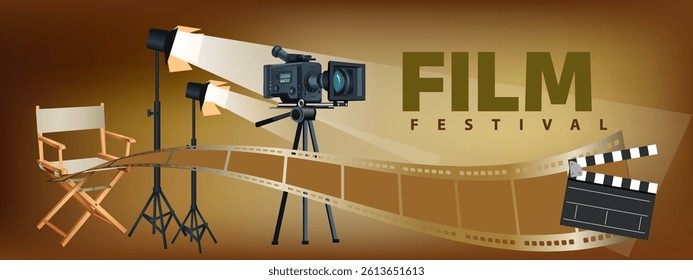 Film festival banner vector illustration with digital camera, lights, film, clapper board and chair. isolated on a old retro background