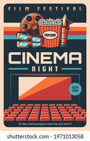 Film festival, cinema night screenings retro poster. Cinema hall movie program vector cover template, cinematography fest banner. Screen and sittings, popcorn, film reel and 3d glasses, festival award