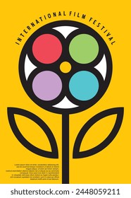 Film festival minimalist poster design with colorful flower and film reel shape. Creative idea for movie flyer. Cinema vector illustration.