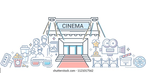 Film festival - modern line design style illustration. Colorful composition with a cinema, red carpet, popcorn, 3d glasses, audience, camera, clapper board. Entertainment concept