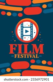 Film Festival. Movie Award. Cinematography event. Cinema premier graphic. Video production studio. Filmmaking art. Filmstrip logo. Show and entertainment. Vector illustration. Poster design