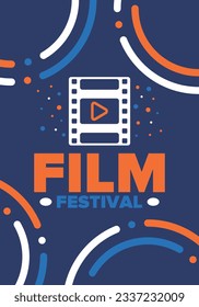 Film Festival. Movie Award. Cinematography event. Cinema premier graphic. Video production studio. Filmmaking art. Filmstrip logo. Show and entertainment. Vector illustration. Poster design