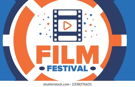 Film Festival. Movie Award. Cinematography event. Cinema premier graphic. Video production studio. Filmmaking art. Filmstrip logo. Show and entertainment. Vector illustration. Poster design
