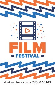 Film Festival. Movie Award. Cinematography event. Cinema premier graphic. Video production studio. Filmmaking art. Filmstrip logo. Show and entertainment. Vector illustration. Poster design