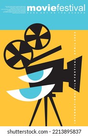 Film festival poster, brochure, banner or backdrop design. Movie camera graphic and stylized abstract eyes vector illustration. 