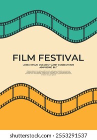 Cartaz do festival de cinema decorado com tiras de filme ondulado colorido. Design de pôster de filme em estilo retrô. Ilustração vetorial