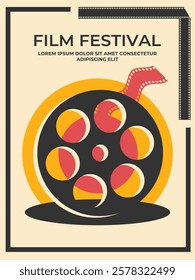 Film festival poster decorated with film reel with wavy ribbon. Vintage movie film poster design. Vector illustration