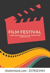 Film festival poster design with clapperboard silhouette and colored filmstrips. Minimalist movie poster in retro style. Vector illustration