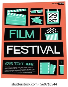 Film Festival Poster (Flat Style Vector Illustration Quote Design) with Text Box Template