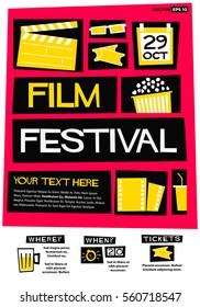 Film Festival Poster (Flat Style Vector Illustration Quote Design) Event Invitation with Venue and Time Details