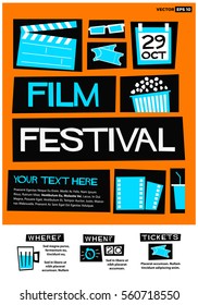 Film Festival Poster (Flat Style Vector Illustration Quote Design) Event Invitation with Venue and Time Details