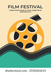 Film festival poster with film reel and wavy film strip. Movie film poster design in retro style. Vector illustration