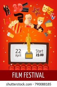 Film festival poster with start date information screen in auditorium and cinema decorative icons flat vector illustration